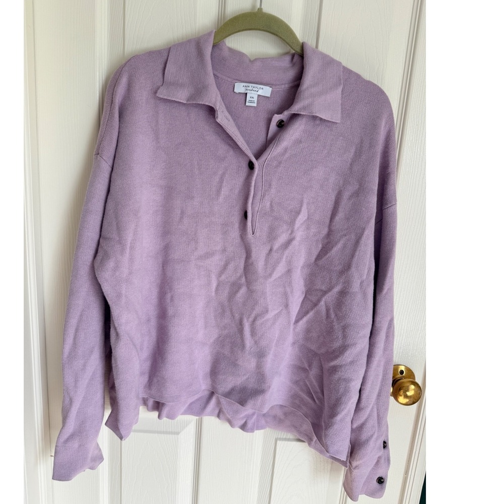 Ann Taylor Weekend Lavender Purple Polo Sweater XXL Button Cuff High Low Hem